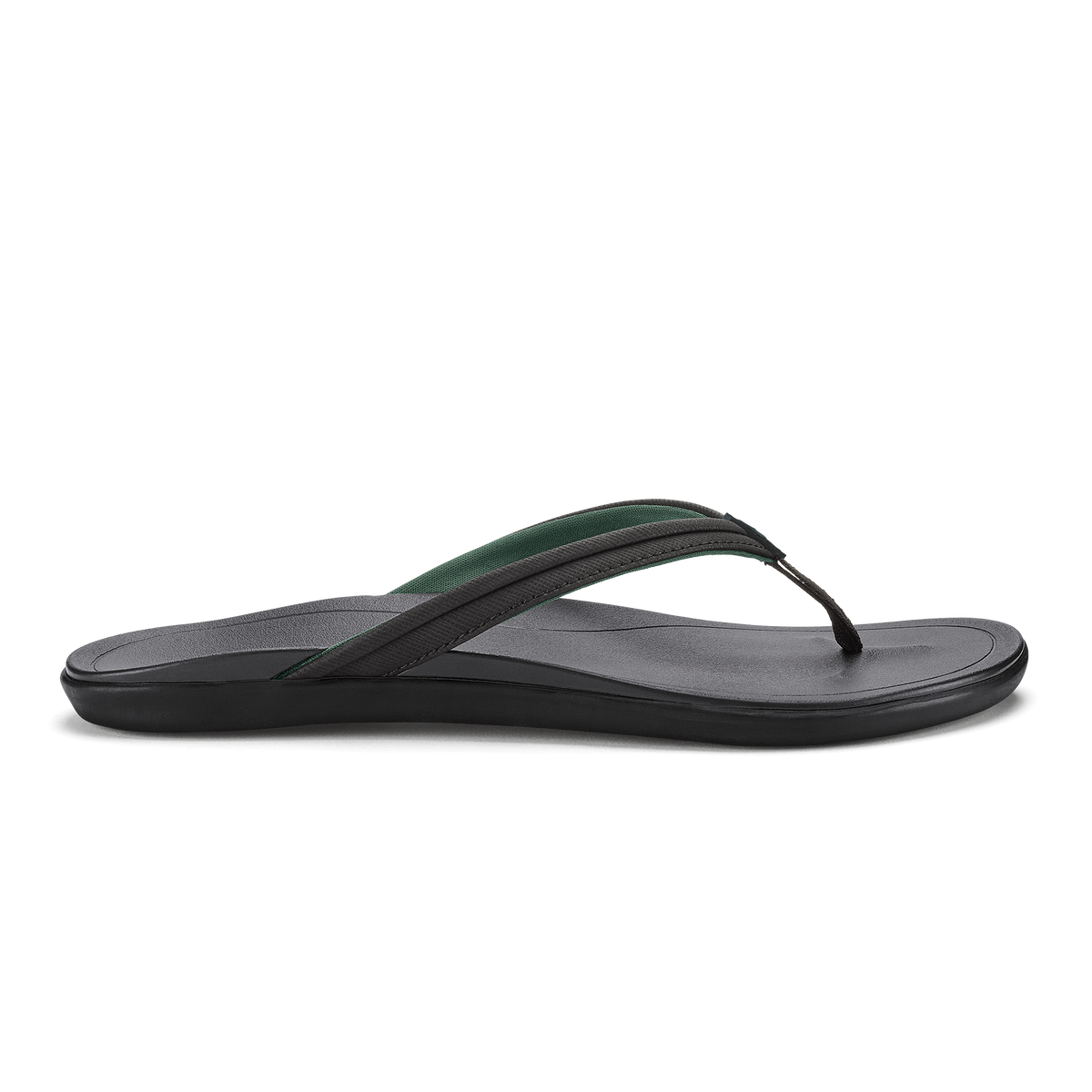 Black and dark green flip-flop sandal with textured footbed and thong strap, shown in side profile.