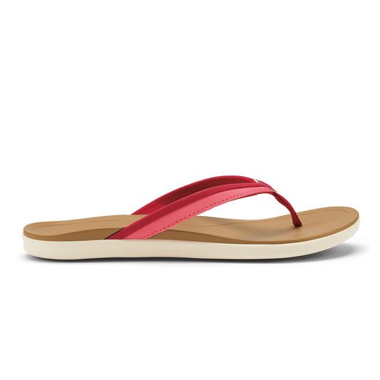 Hot pink and deep red thong sandal with tan footbed and cream sole.