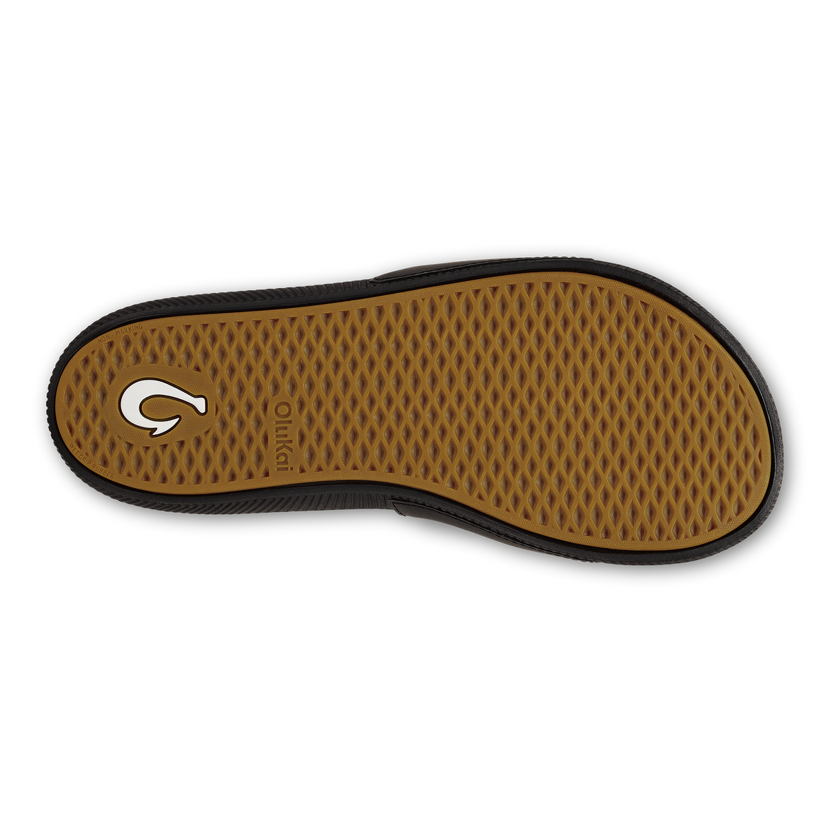 Black slide with tan textured sole and white logo on insole.