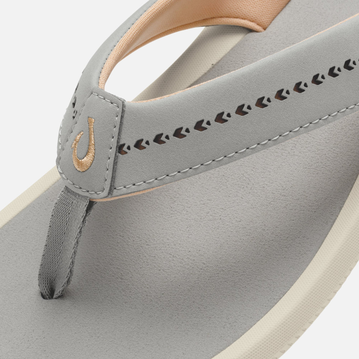 Gray thong sandal with beige straps, decorative perforated stitching, and tan heel detail.
