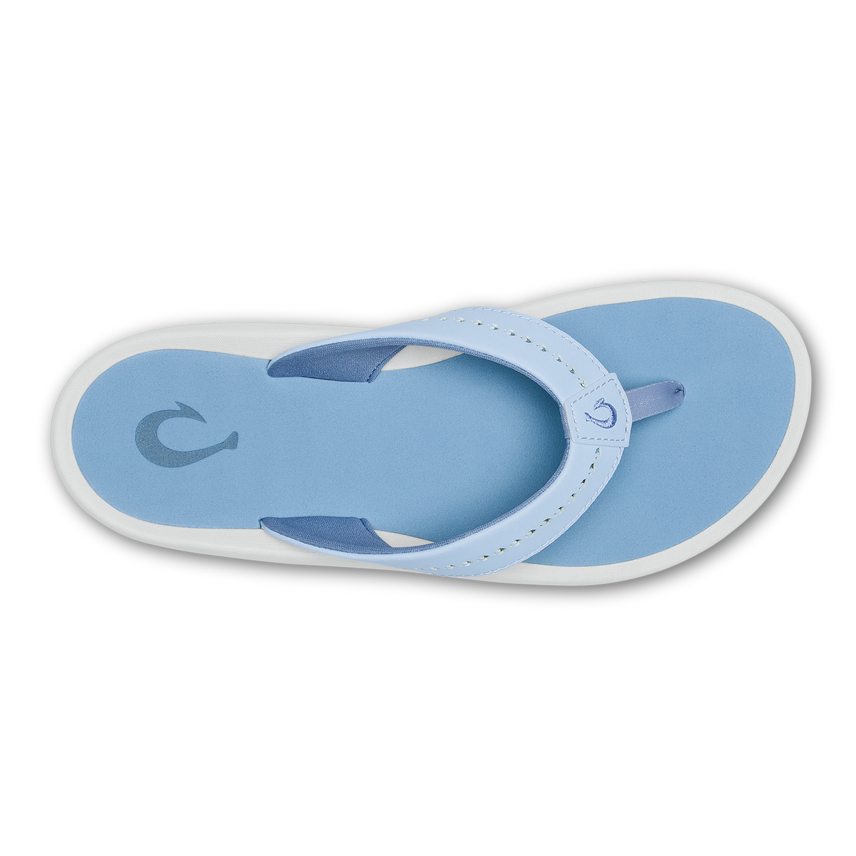 Light blue and white thong sandal with curved footbed and adjustable toe strap, viewed from above.