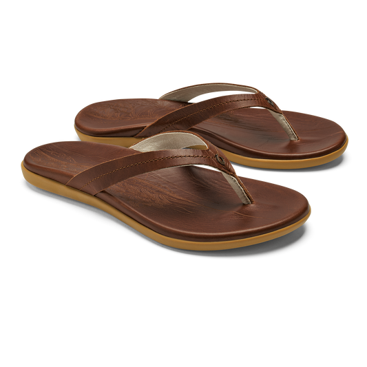 Brown leather flip-flops with tan soles and thong straps, shown in pairs.