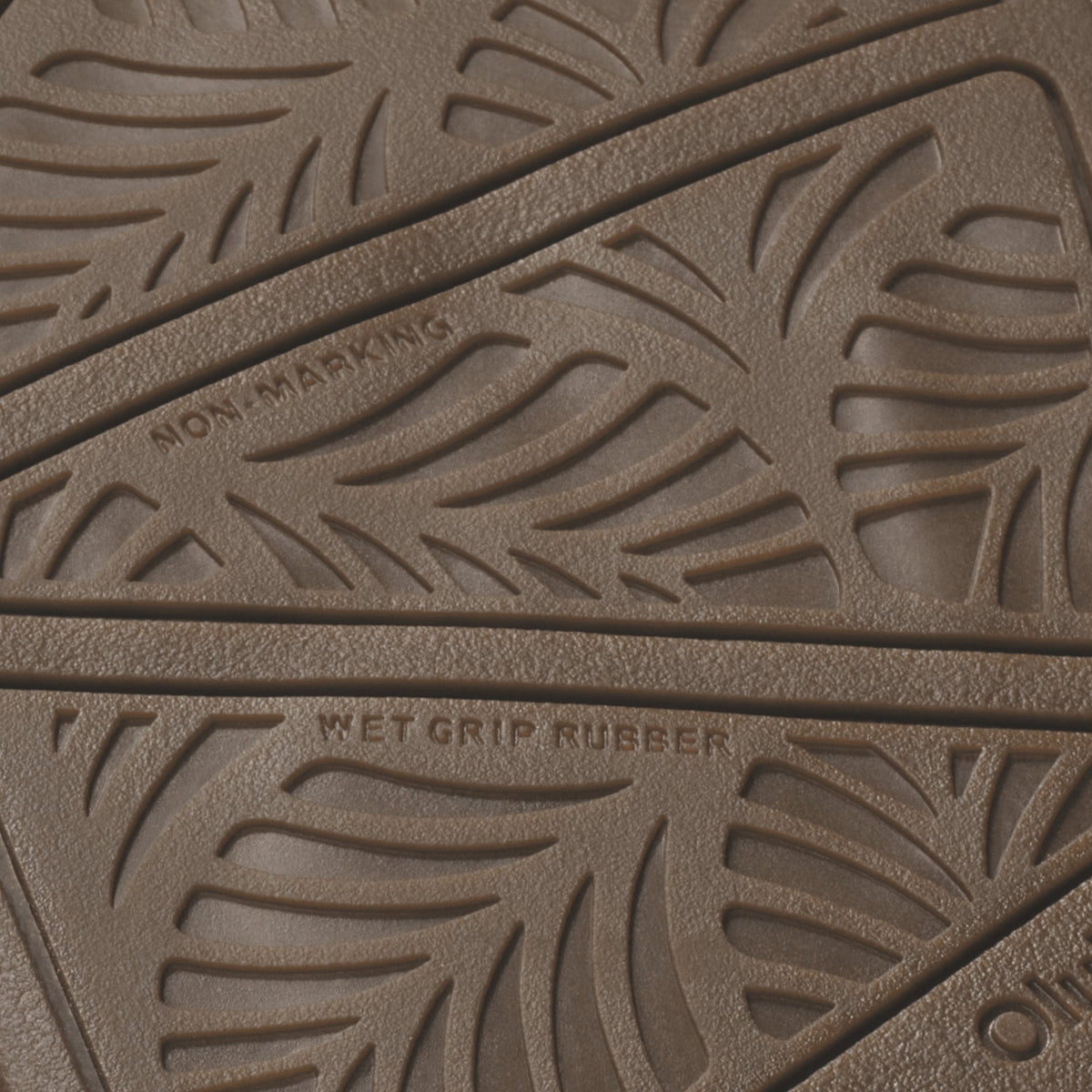 Tan rubber sole with embossed leaf pattern and "Wet Grip Rubber" text visible.