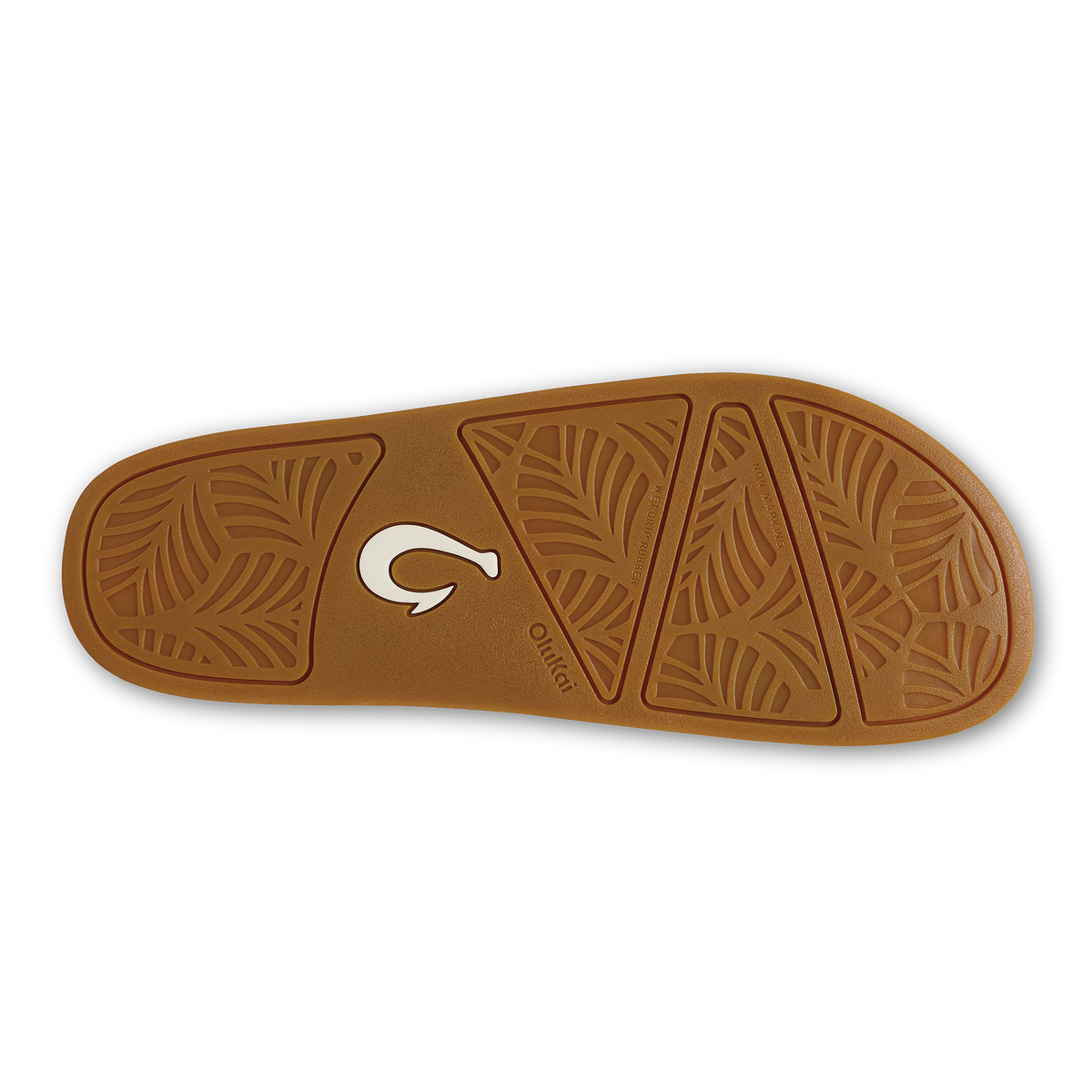 Tan rubber sole with geometric leaf pattern and white logo in center.