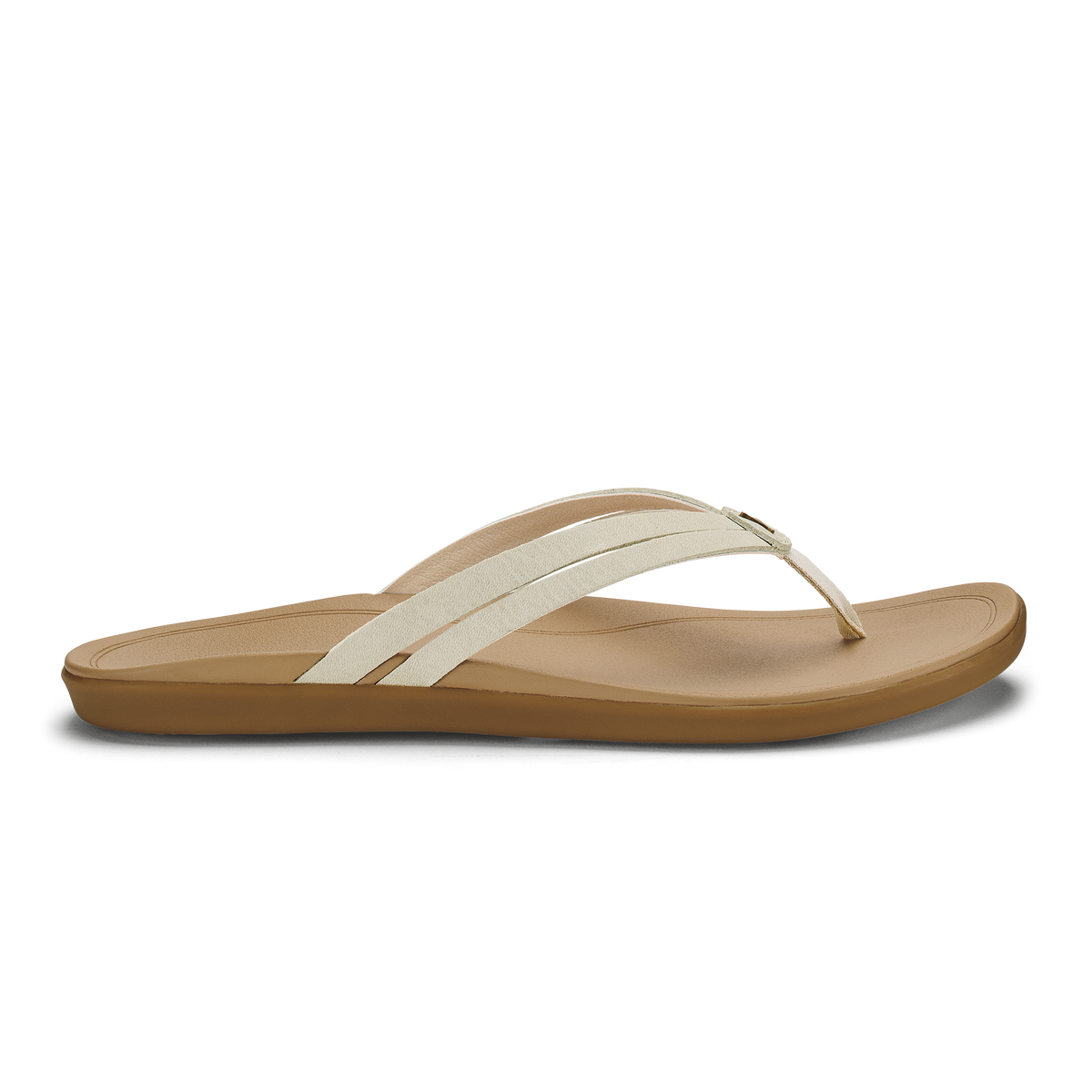 Tan and cream flip-flop sandal with curved footbed and thong strap.