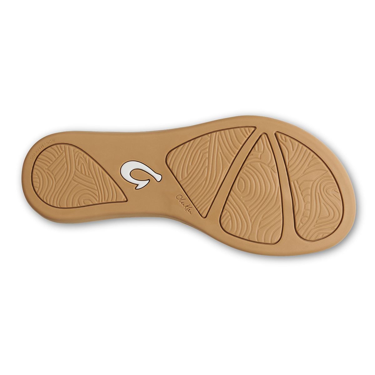 Tan sandal sole with curved shape, wood grain texture pattern, and white logo accent.