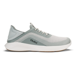 Olukai Kialoa running shoe in sterling gray and white with mesh upper and white cushioned sole.