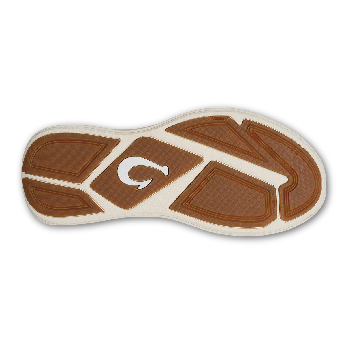 Brown and cream shoe sole with geometric tread pattern and centered logo.