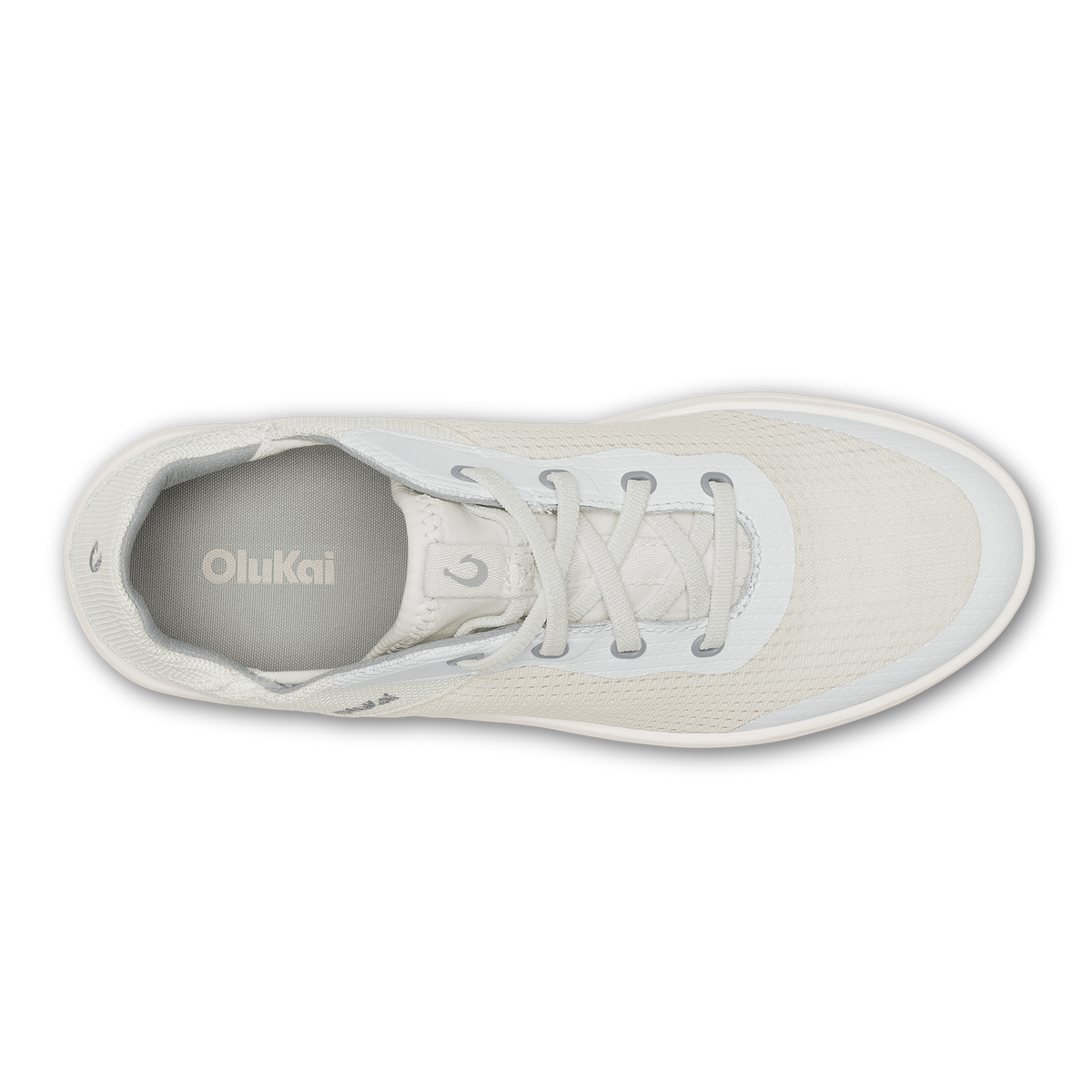 Bright white lace-up sneaker with textured upper and padded collar, shown from above.