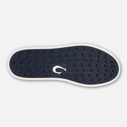 Shoe sole with dark blue tread pattern, white border, and embossed logo in center.