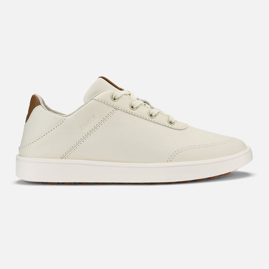White and tan lace-up sneaker with white sole and tan heel detail, shown in profile view.