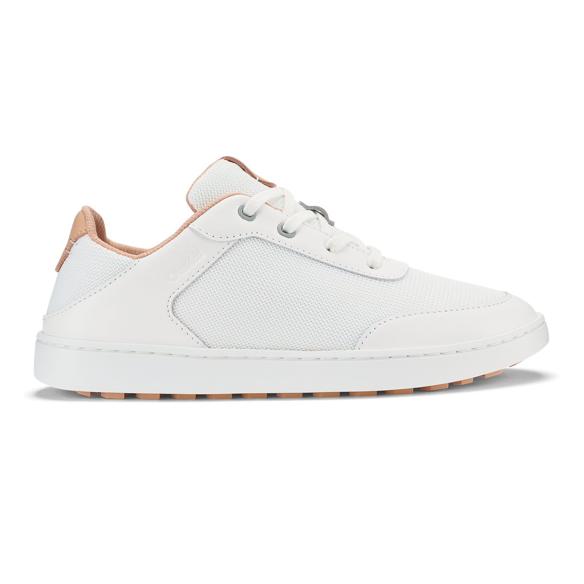 White lace-up sneaker with cantalope-colored heel tab and sole trim.