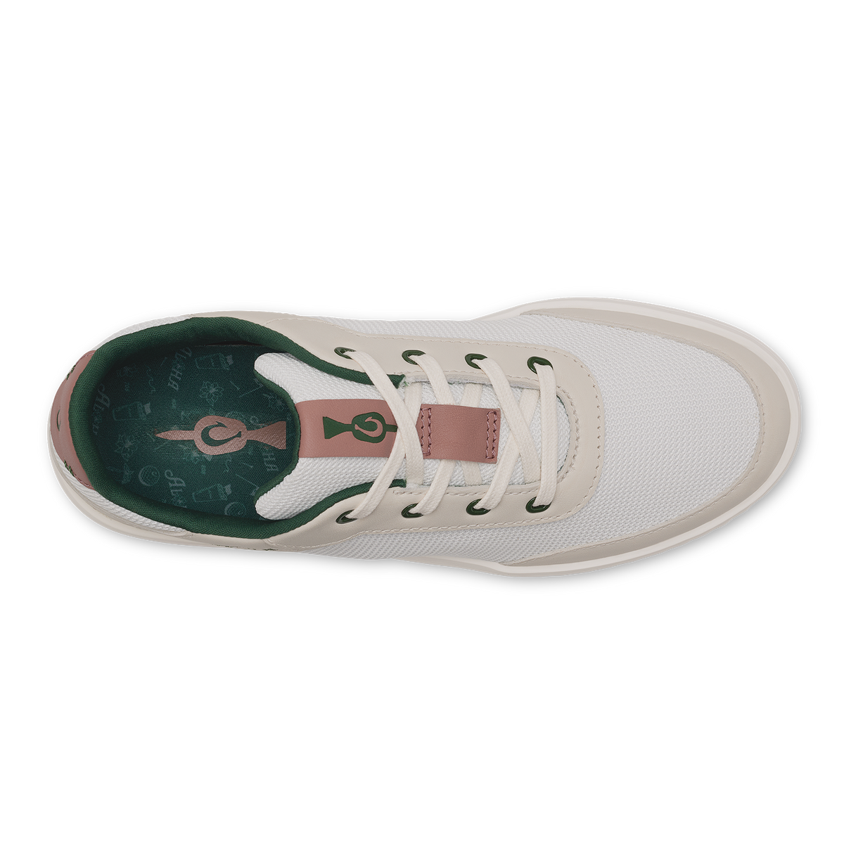 White canvas sneaker with white laces, mauve heel tab, and green insole visible from top view.