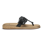 Black and warm sand flip-flop sandal with decorative knot detail and cork-textured sole.