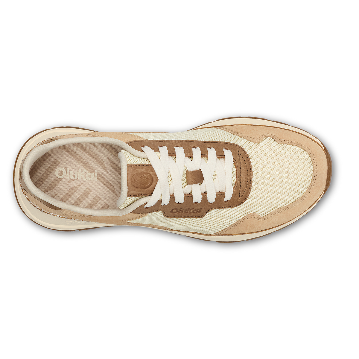 Koke sneaker in white sand and tan with white laces, shown from top view with striped interior lining visible.