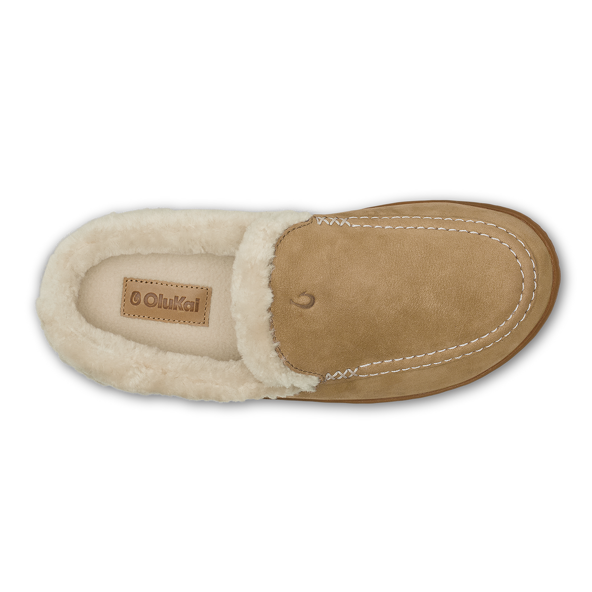 Tan suede slip-on slipper with cream fleece lining and stitched detailing, viewed from above.