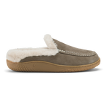 Walnut suede mule slipper with cream fleece lining and tan rubber sole, shown in profile view.