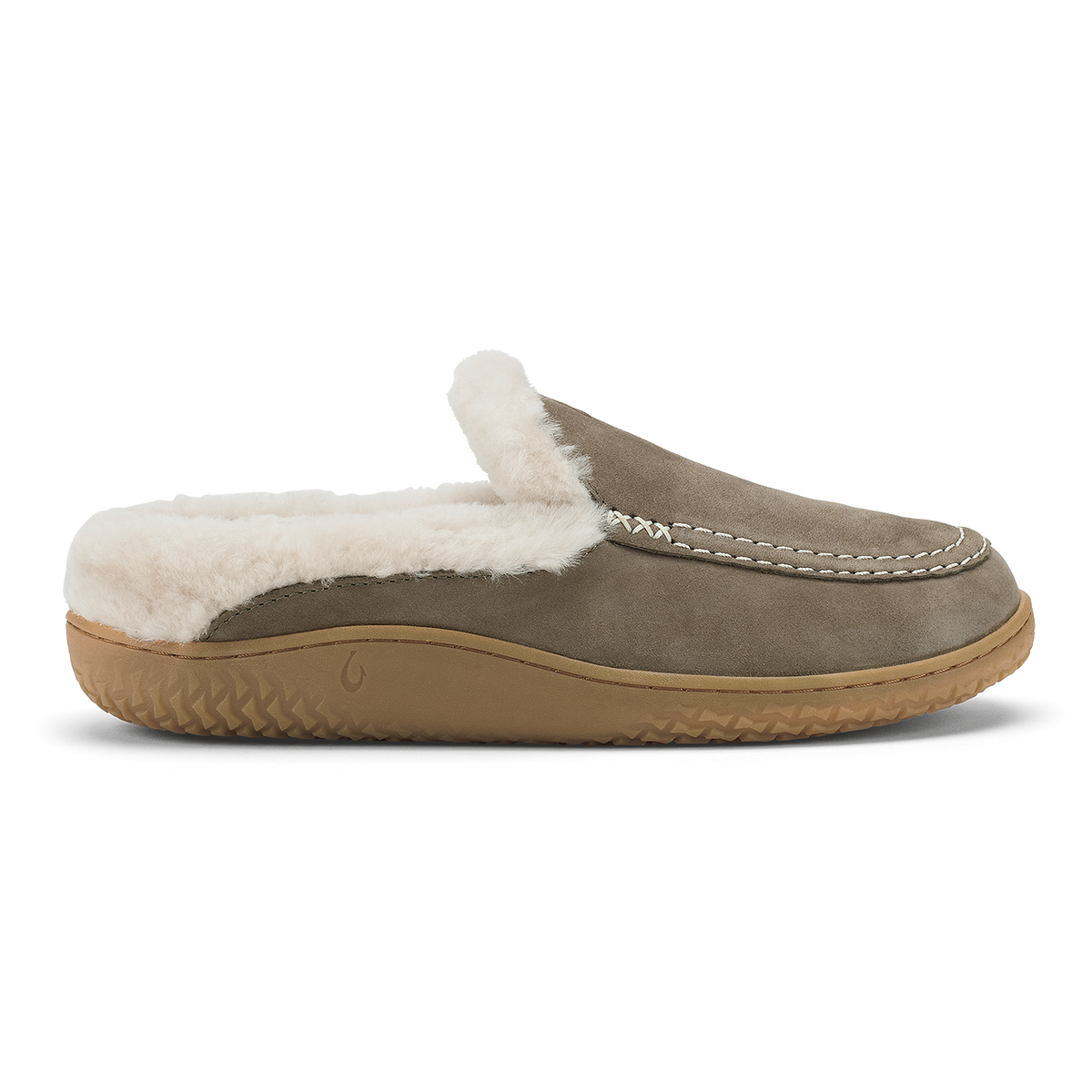 Walnut suede mule slipper with cream fleece lining and tan rubber sole, shown in profile view.