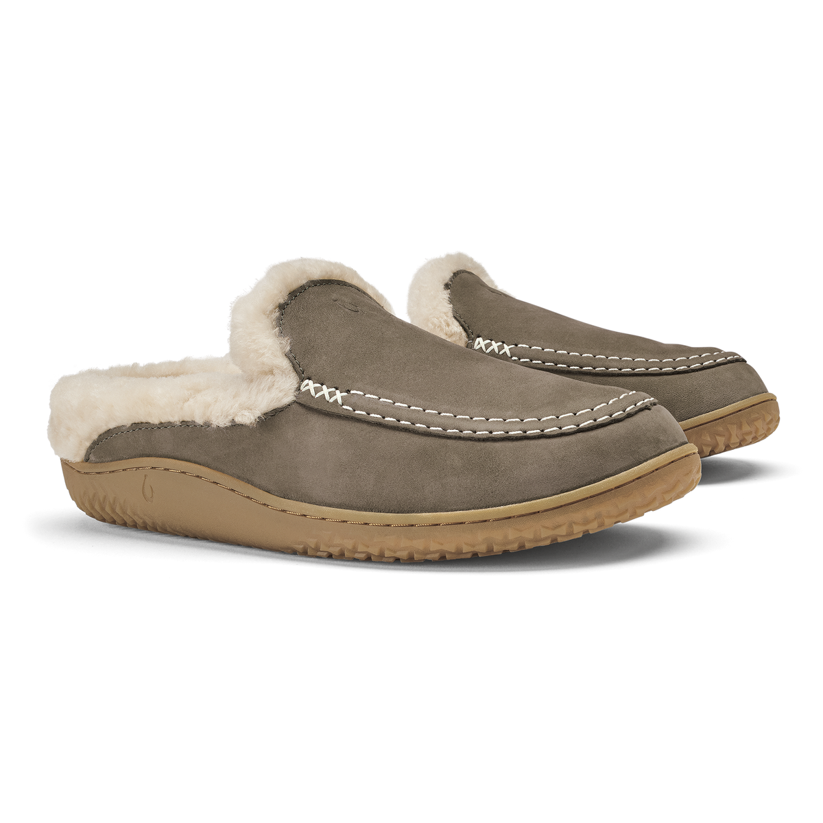 Walnut suede moccasin slippers with cream fleece lining and tan rubber soles, shown as a pair.