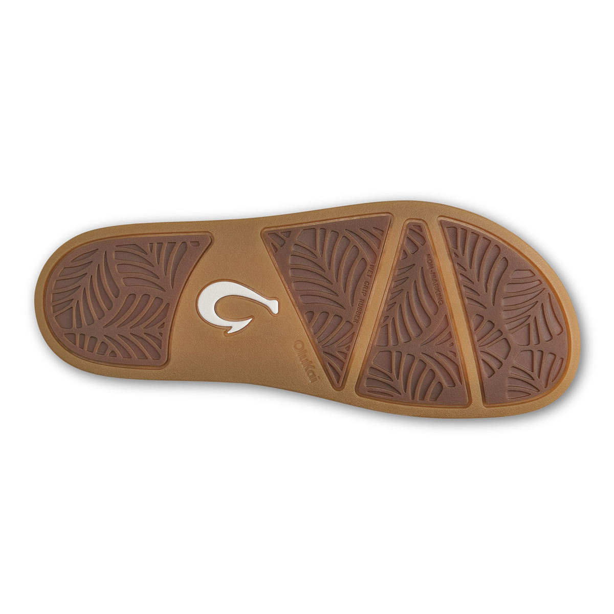Tan and dark brown sandal sole with leaf-pattern tread and white brand logo.