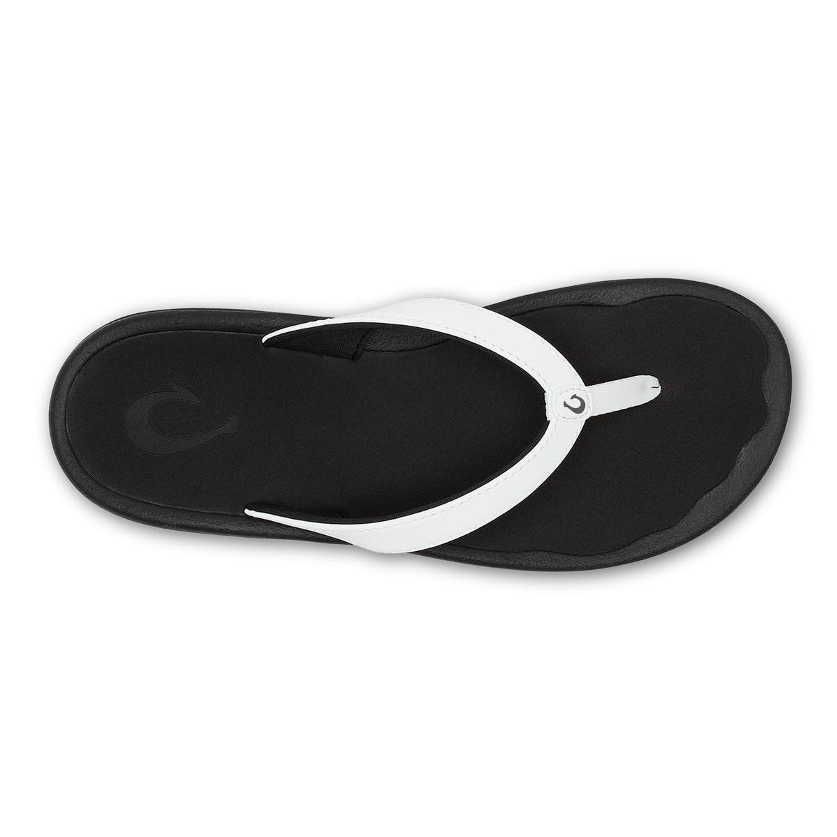 Black flip-flop with white thong strap, viewed from above.