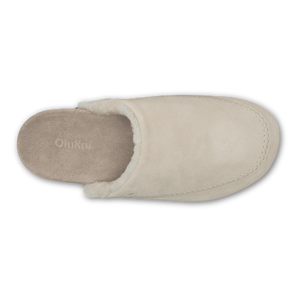 Ecru suede slipper with taupe grey fleece lining, shown from above.