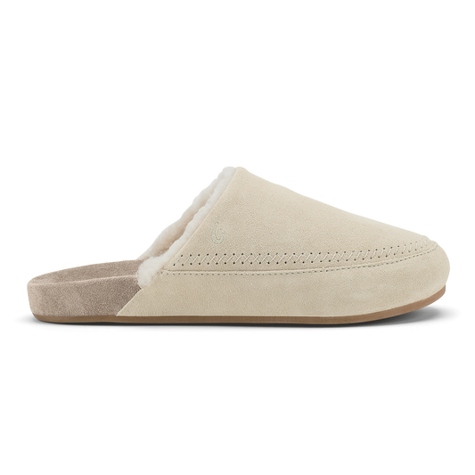 Ecru and taupe grey suede slipper with fleece lining and decorative stitching detail.