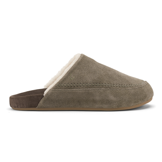 Tan and dark brown suede slipper with cream fleece lining and brown sole, shown from the side.
