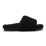 Black fuzzy slip-on slipper with cushioned sole and fluffy upper, shown in profile view.