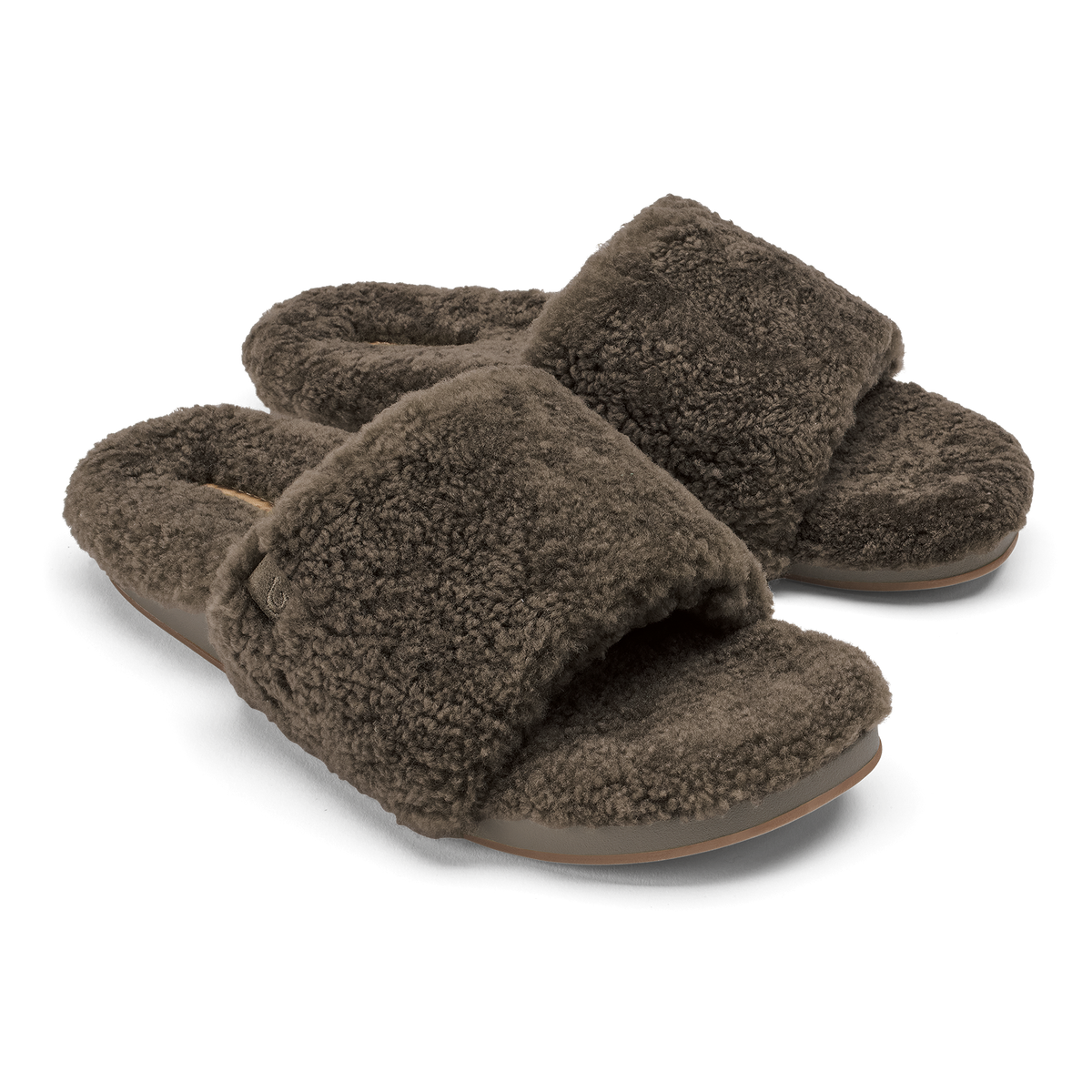 Pair of walnut-colored fleece slippers with cushioned soles and open-toe design.