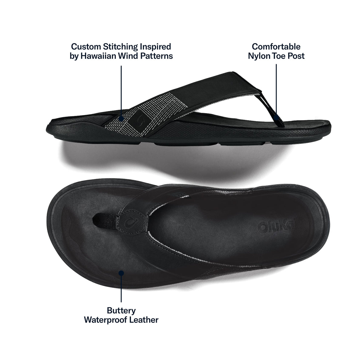 Black thong sandal with woven strap featuring Hawaiian-inspired stitching pattern and nylon toe post, shown from top and bott